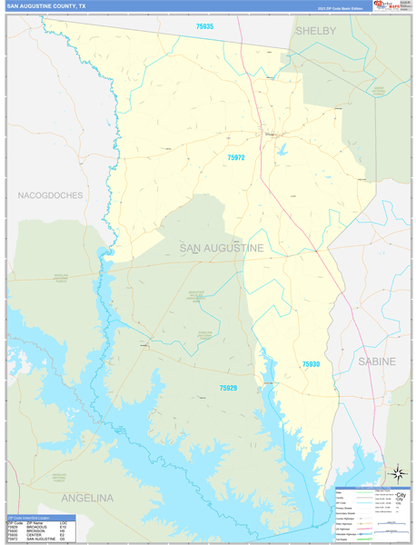 San Augustine County, TX Wall Map Basic Style